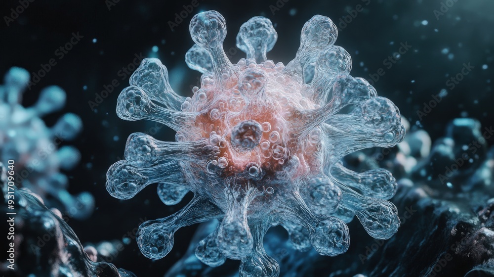 Poster a virus actively multiplies in its environment, showcasing complex structures and interaction with s