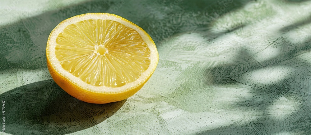 Aufkleber a round slice of fresh ripe lemon on a green table in the kitchen copy space for your text top view 