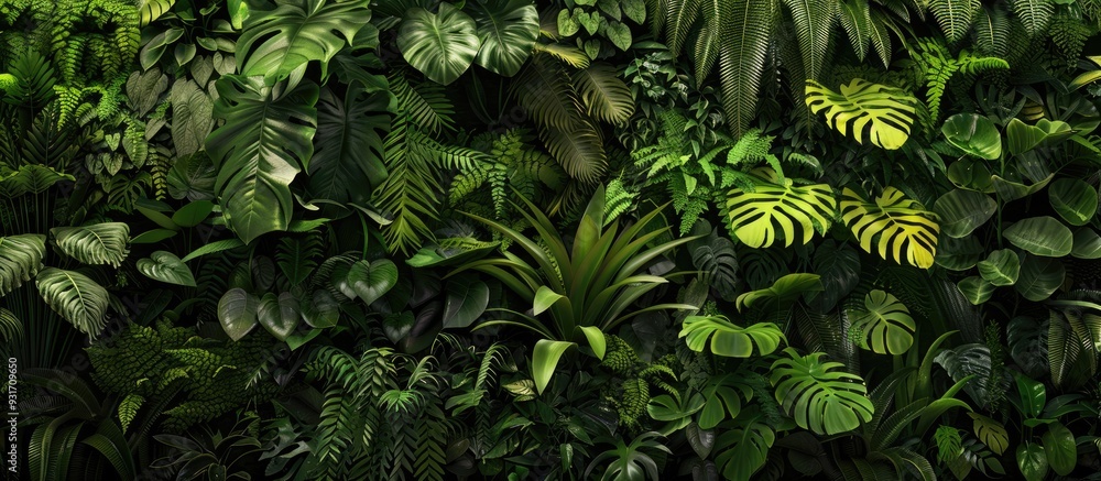 Poster tropical vegetation green bush grass against a dark backdrop. with copy space image. place for addin