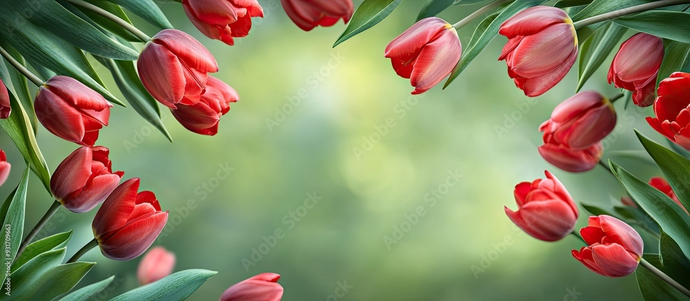 Fototapete frame crafted from lovely tulip flowers set against a green background. with copy space image. place