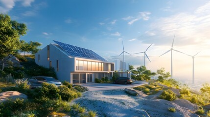 Obraz premium Sustainable Energy Efficient Modern House with Solar Panels Wind Turbines and Electric Vehicles in a Suburban Landscape