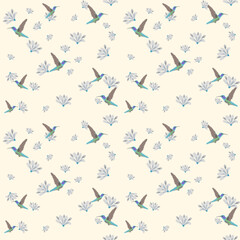 Ikat Hummingbirds and  Blossoms delicate floral ethnic seamless pattern vector illustration for texture,fabric,clothing,wrapping,decoration