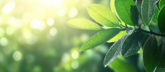 Green frangipani leaves with water droplets set against a blurred background Natural plant landscape ecology wallpaper. with copy space image. Place for adding text or design