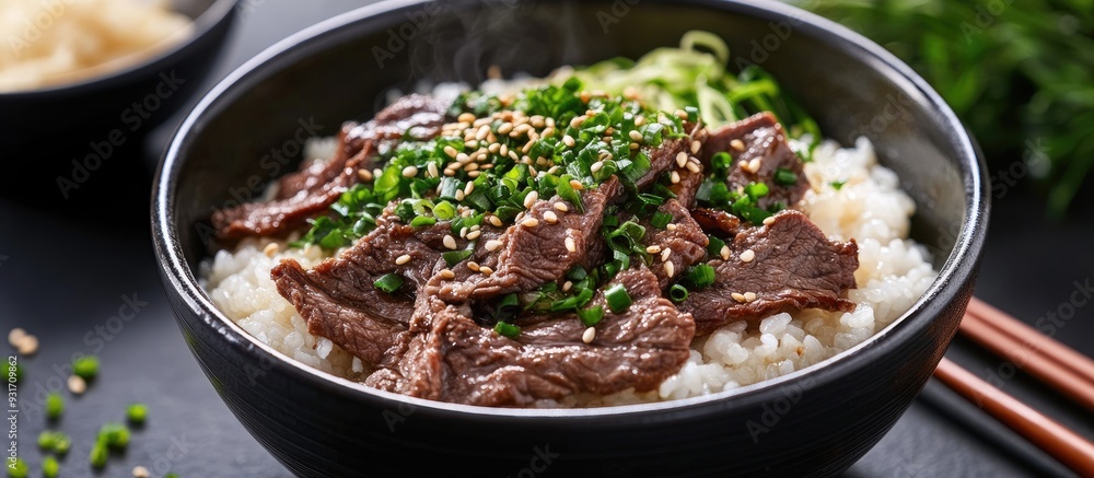 Poster Japanese dish Negi Gyudon features spring onion and beef served over rice. with copy space image. Place for adding text or design