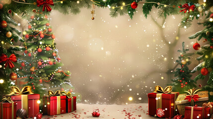 Beautiful Christmas holiday frame of Christmas tree and gift boxes