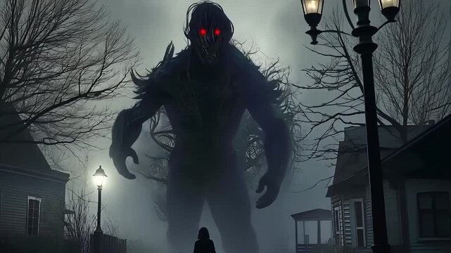 A dark black monster figure moving forward person standing Fog night sky clouds trees forest horror scary