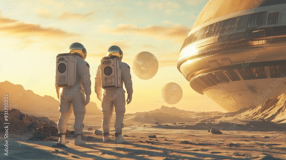 Poster two astronauts stand together, gazing at a distant spacecraft as multiple celestial bodies float in 