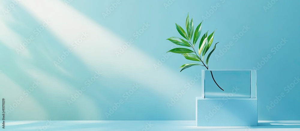 Poster Transparent cube podium with leaves on a blue background for products a stylish showcase mock up for exhibition and presentation of goods. with copy space image. Place for adding text or design