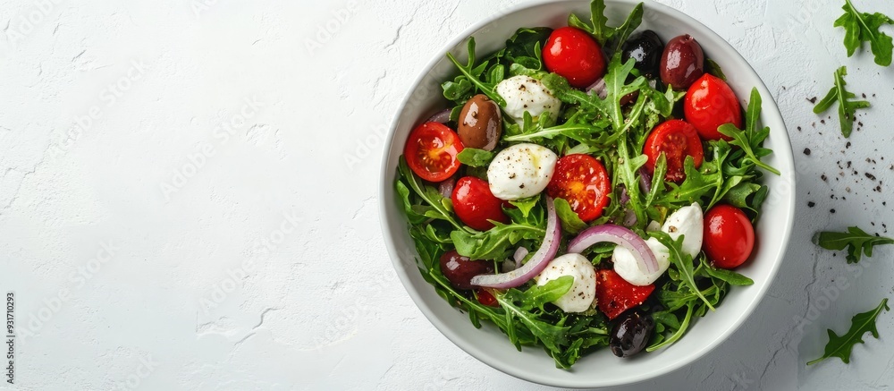 Poster close up of a fresh salad featuring arugula tomatoes olives onion mozzarella and spices in a bowl on