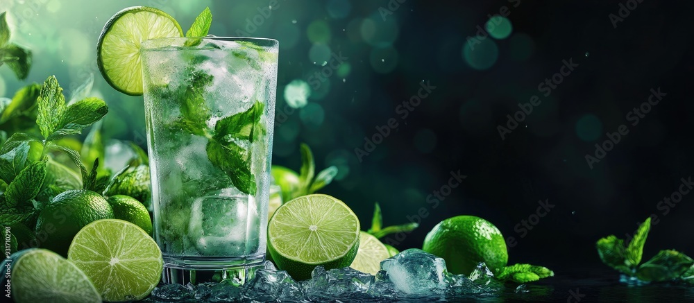 Aufkleber lime mojito in a clear glass against a dark background surrounding it are fresh lime slices ice and 