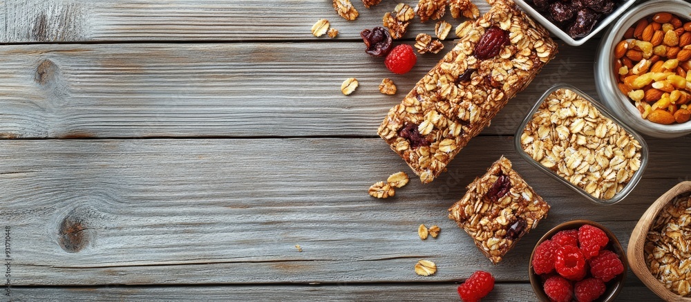 Aufkleber delicious granola bars and ingredients arranged on a grey wooden table viewed from above room for te