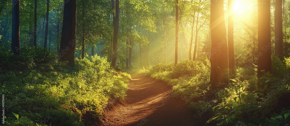 Leinwandbilder a bright sunny forest scene featuring a narrow trail on a summer day. with copy space image. place f