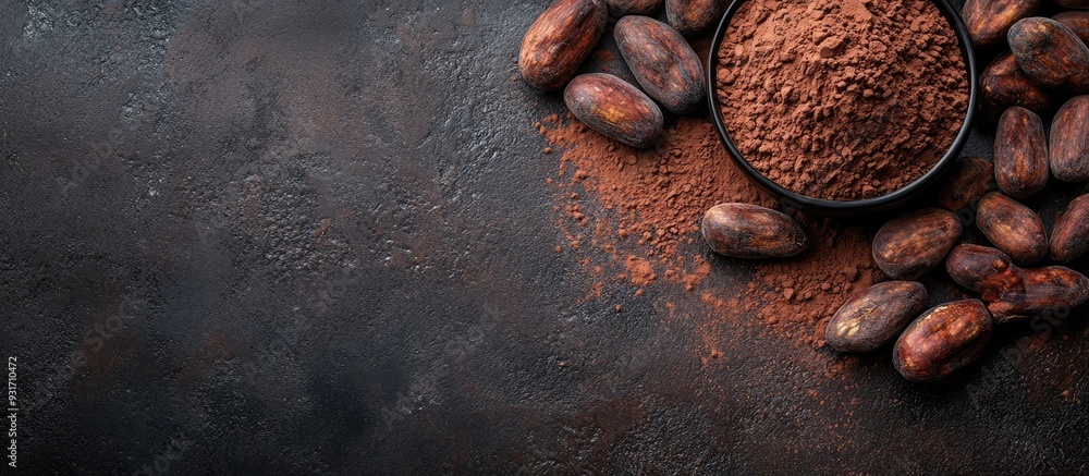 Poster Raw cocoa beans on a dark stone table Fresh cocoa powder and chocolate made from cocoa beans Banner or panorama concept. with copy space image. Place for adding text or design