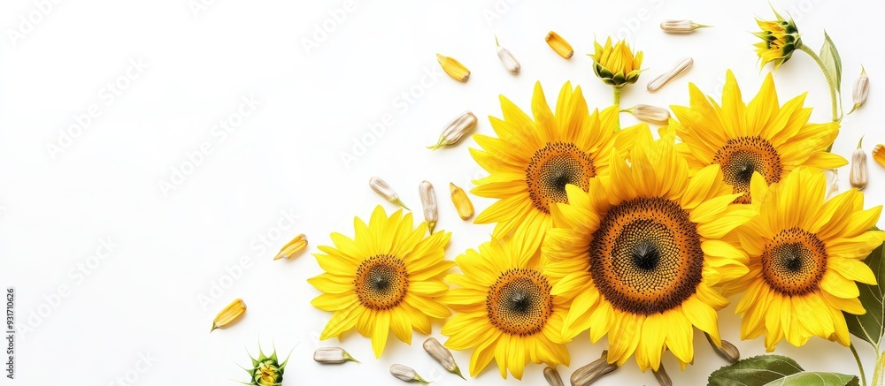 Poster yellow sunflowers and sunflower seeds set against a white backdrop. with copy space image. place for