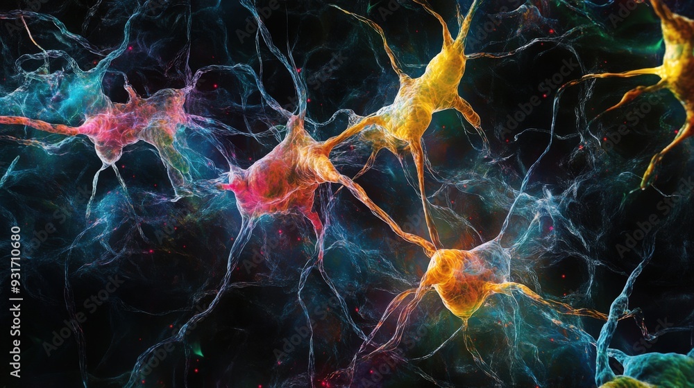 Poster neurons are illuminated in vivid colors, showcasing their intricate connections as they form synapse