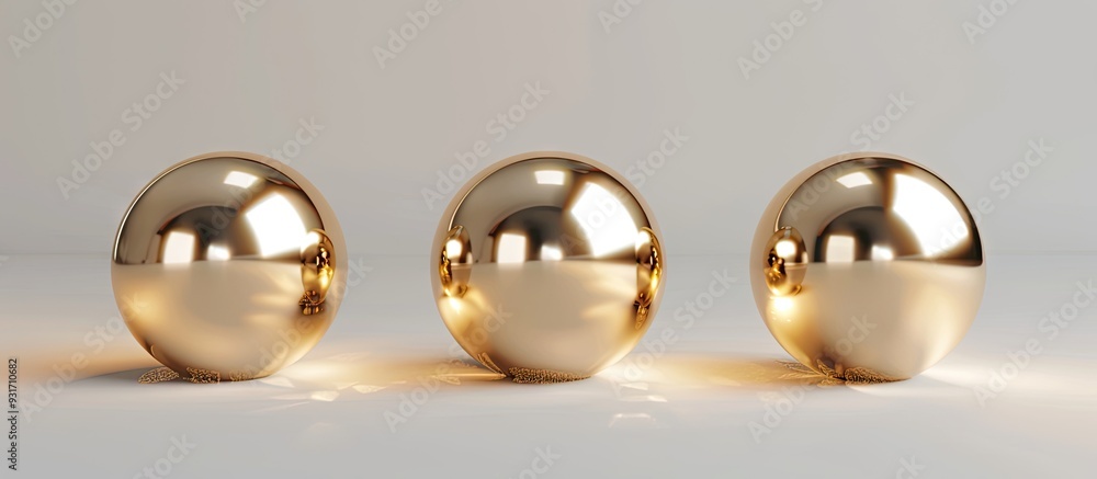 Poster Three golden spheres set against a white background. with copy space image. Place for adding text or design