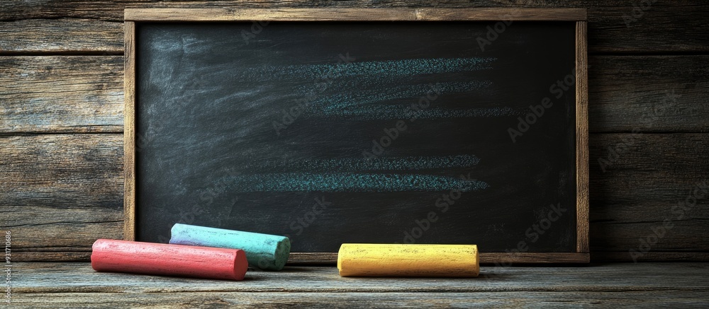 Poster Empty blackboard with vibrant chalk on a wooden surface. with copy space image. Place for adding text or design