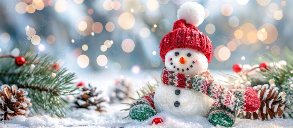 Poster Snowman adorned with Christmas decorations. with copy space image. Place for adding text or design