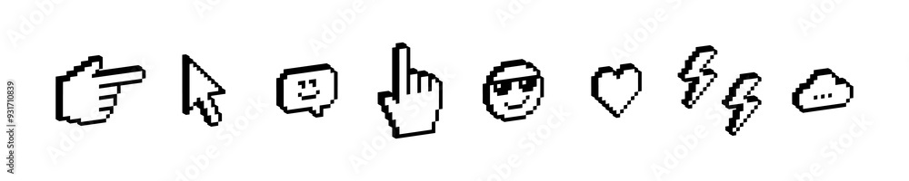 Poster trendy y2k retro sticker pack in pixel art. design elements for collage. 3d pointing hand click icon