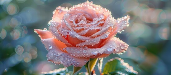 Close up image of a lovely rose plant adorned with dew drops on a sunny winter day Ideal for card and wallpaper designs with copyspace