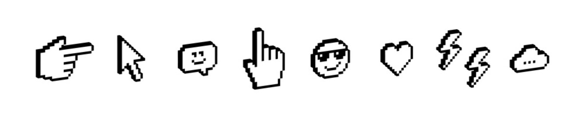 Trendy Y2k retro sticker pack in pixel art. Design elements for collage. 3D pointing hand click icon. 3D smile, heart icon. 3D hand cursor, cursors icons click. Geometric simple shapes. Mood of 90's.