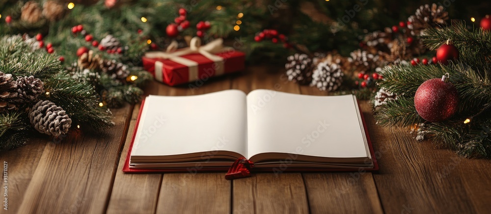 Poster christmas and new year decorations on a wooden floor along with a blank book for your design concept