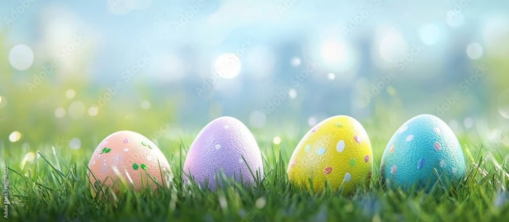 Poster Vibrant Easter eggs on green grass. with copy space image. Place for adding text or design