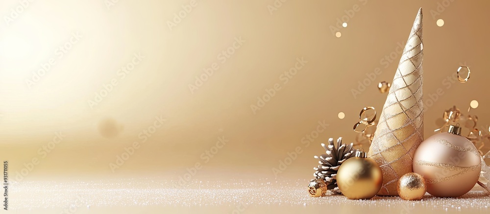 Poster Merry Christmas backdrop featuring a cone and balls. with copy space image. Place for adding text or design