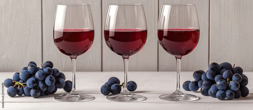 Leinwandbilder three glasses of red wine and blue grapes on a background of a white wooden table. with copy space i