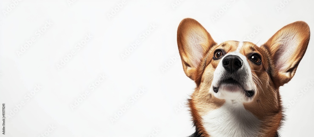 Poster portrait of a pembroke welsh corgi set against a white studio background with copy space featuring a