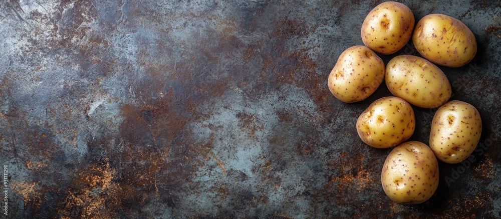 Poster an overhead flat lay image features several yukon gold potatoes arranged on a stained and scratched 