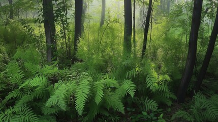 Fototapeta premium Exploring the Tranquil Beauty of a Foggy Forest Landscape