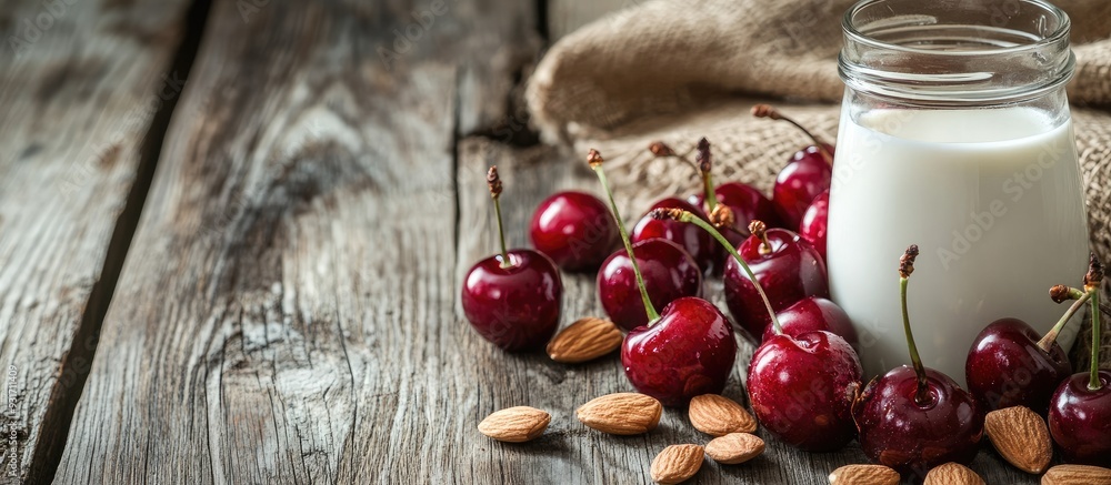Poster Nutritious breakfast featuring cherries almonds and milk on a wooden surface. with copy space image. Place for adding text or design