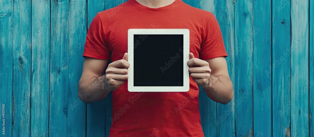 Poster man in a red shirt holding a tablet with a blank screen and empty copy space over a blue wooden tabl