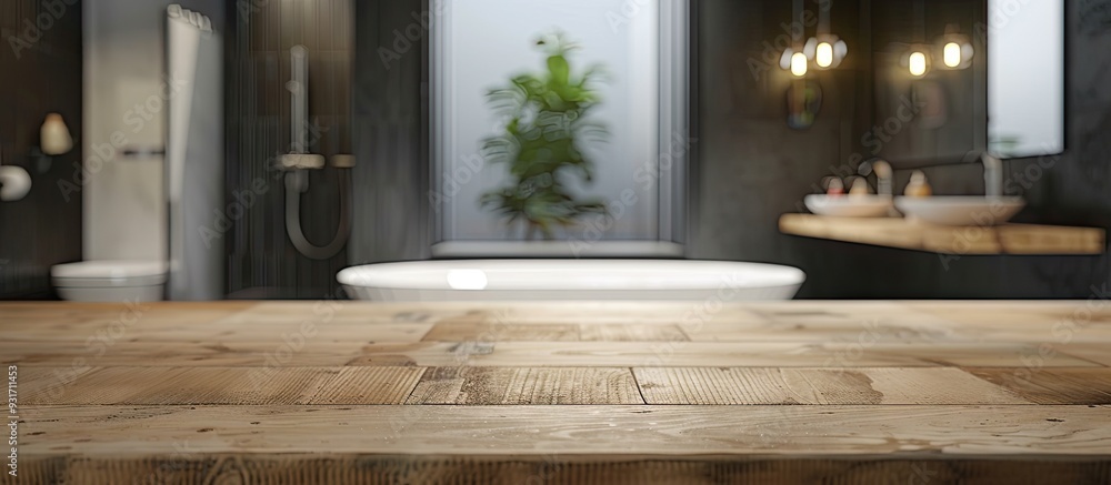 Poster Tabletop with a blurred bathroom in the background. with copy space image. Place for adding text or design