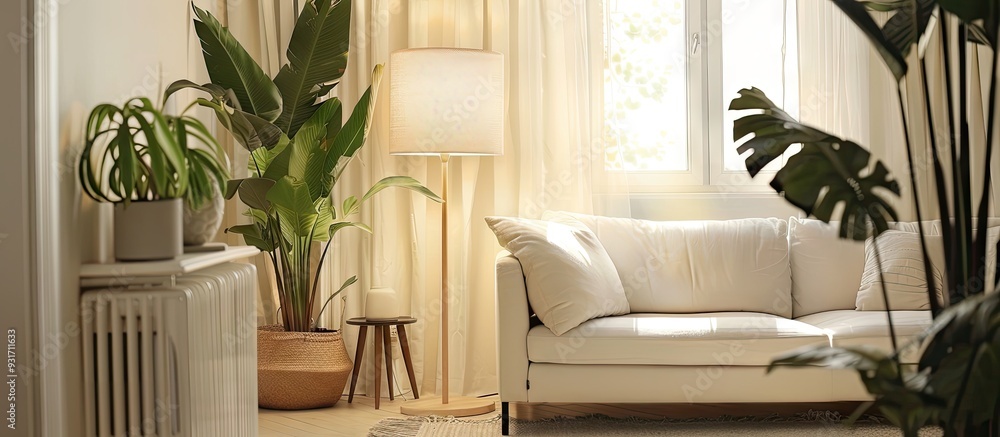Poster Nordic lamp and tropical leaf simple decor items Scandinavian minimalist white interior. with copy space image. Place for adding text or design