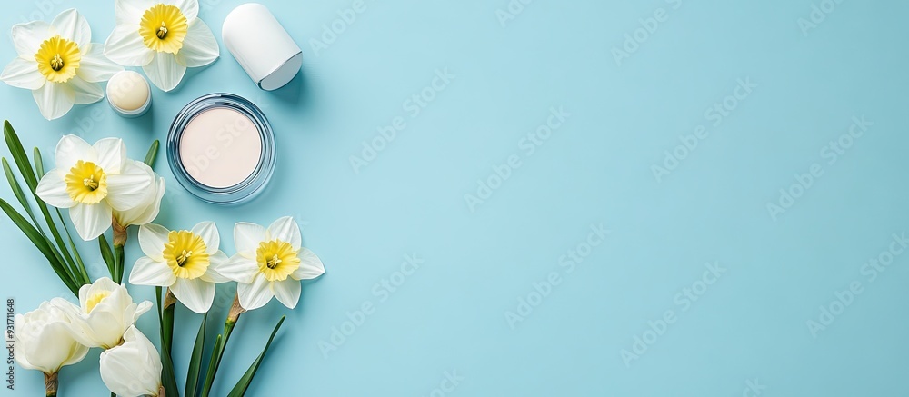 Poster flat lay arrangement featuring cosmetic products and white daffodils on a blue backdrop. with copy s