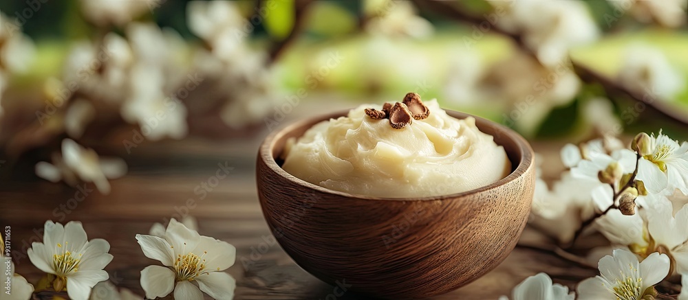 Poster Arrangement featuring shea butter on a table. with copy space image. Place for adding text or design