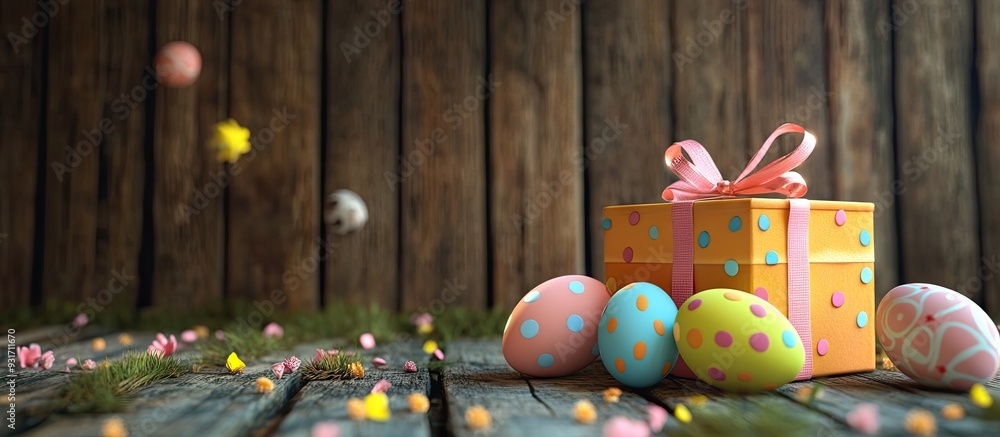 Poster Easter greeting card featuring colorful Easter eggs and a gift box in front of a wooden wall providing space for your greetings. with copy space image. Place for adding text or design