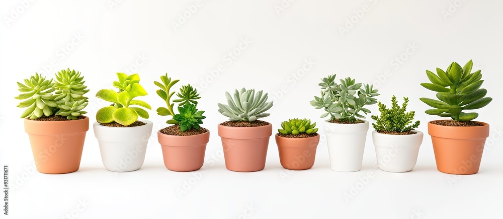 Poster mini pots of blooming houseplant succulents on a white background. with copy space image. place for 