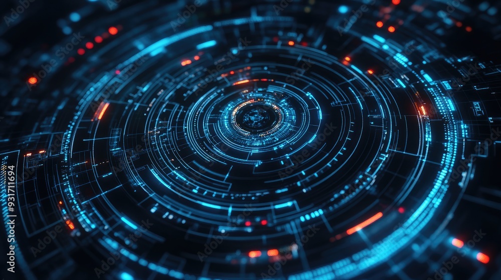 Poster dynamic digital tech circle with intricate patterns, glowing against a dark backdrop, symbolizing ad