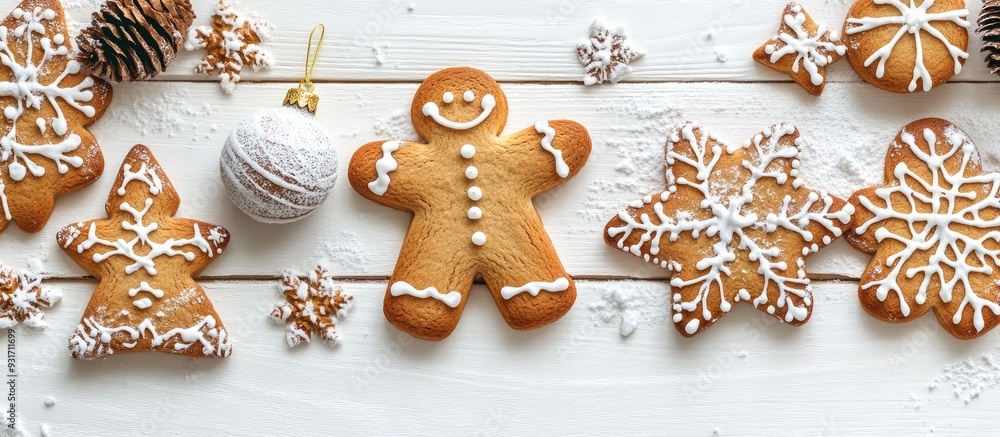 Poster christmas gingerbread adorned with festive decorations on a white wooden table background for the ch