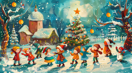 Christmas greeting card. Noel festive background. New year symbol. Children playing theme 