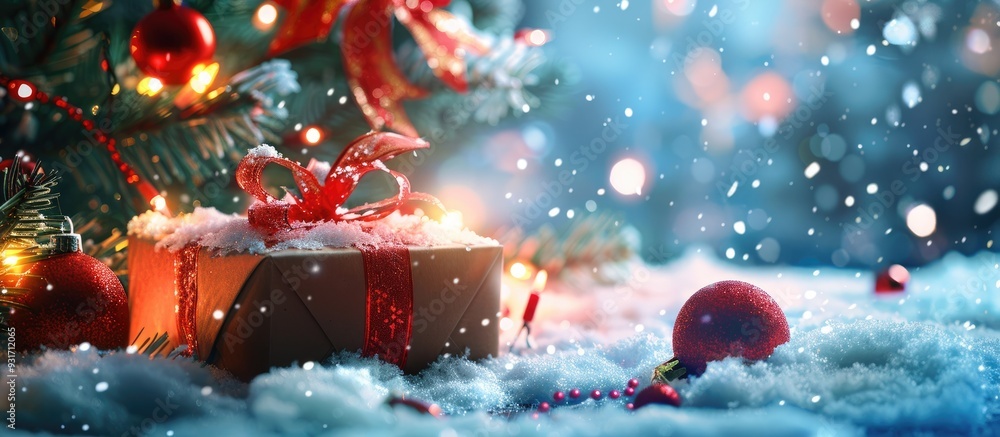 Poster christmas gift box with holiday ornaments. with copy space image. place for adding text or design