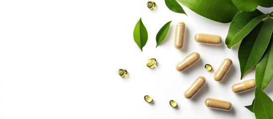 Ashwagandha capsules set against a white background with copyspace for promotional use