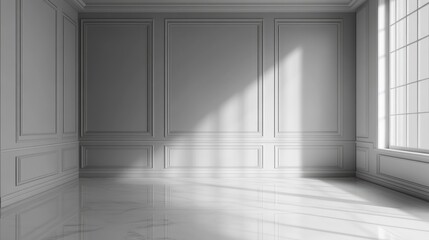 Elegant gray room with a smooth floor and gentle lighting, offering a versatile and polished background.