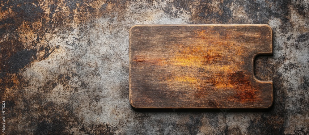 Aufkleber Top view of a wooden cutting board on a weathered rusty metal countertop. with copy space image. Place for adding text or design