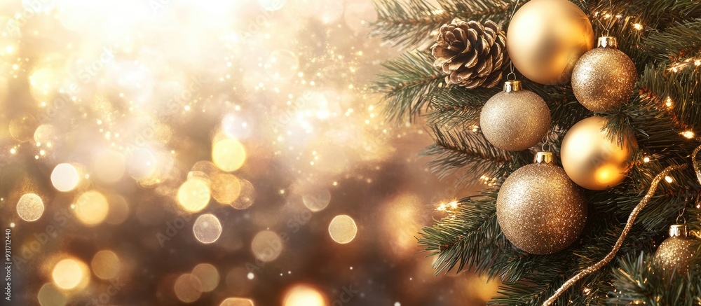 Poster christmas decoration with gold balls hanging on pine branches along with a garland and ornaments set