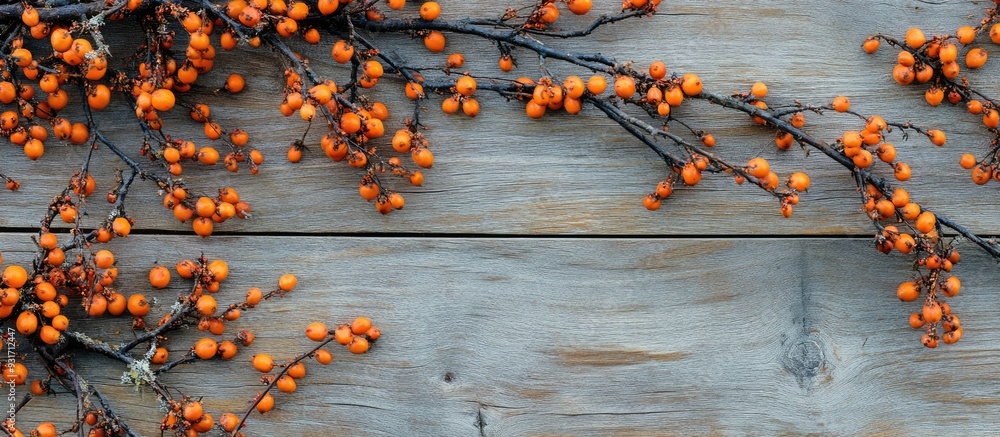 Poster flat lay featuring an autumn arrangement of common sea buckthorn and briar branches on a wooden surf