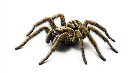 A detailed close-up image of a spider showcasing its intricate features and textures on a clean, white background.